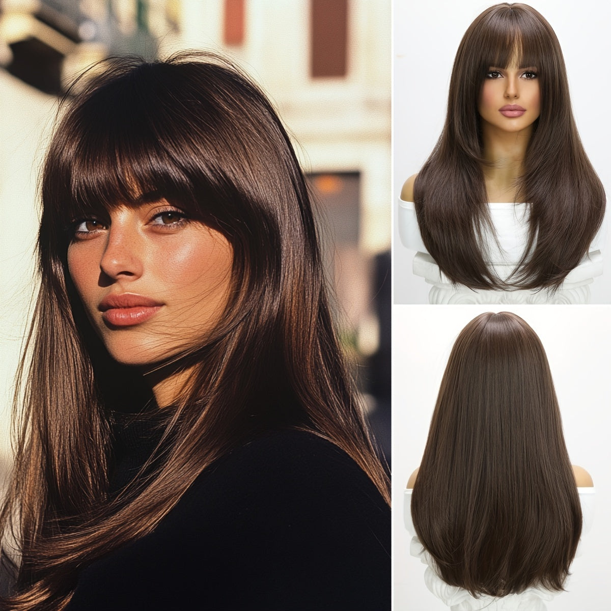 Long Natural Straight Dark Brown Wig, Blunt Bangs, Synthetic Fibers, Perfect For Daily Wear, Rose Net, 24 Inch